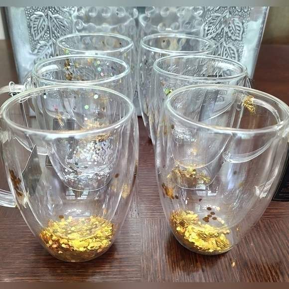 Double Walled (Insulated) Gold & Silver Glittery 12Oz Glass Coffee Mugs Set of 6 - Picture 11 of 12
